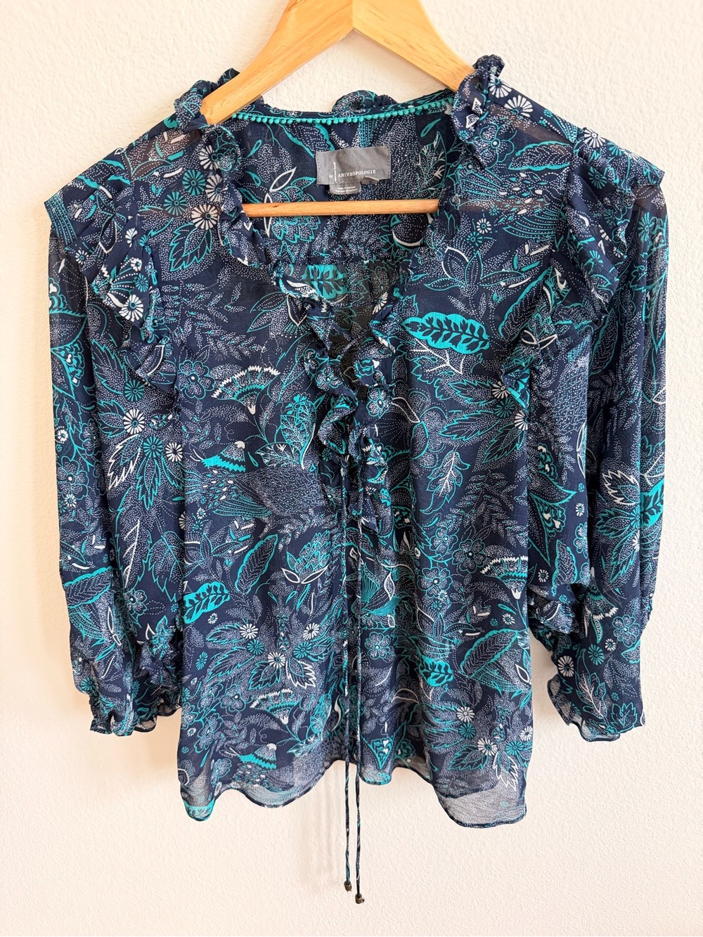 Women's Anthropologie Navy Floral Ruffle Tie-Neck Blouse - Teal & Navy